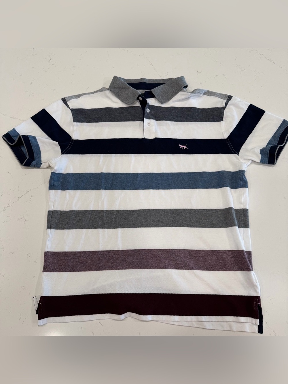 Rodd & Gunn Men’s White Polo with Navy, Gray, Blue and Burgundy Stripes - 2XL